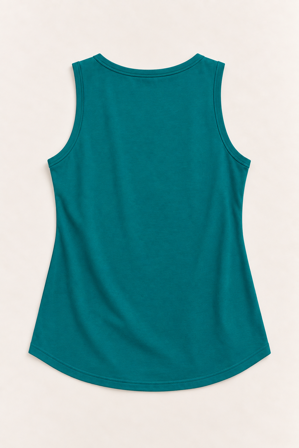 Teal green cotton-stretch round-neck tank, flat lay back.