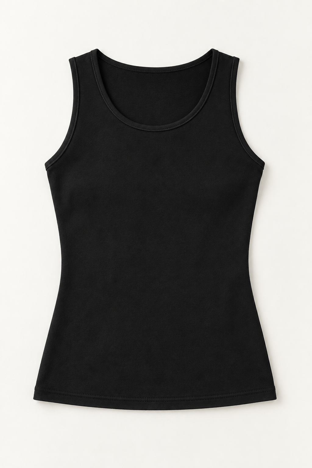 Black cotton-stretch scoop-neck tank, flat lay front.