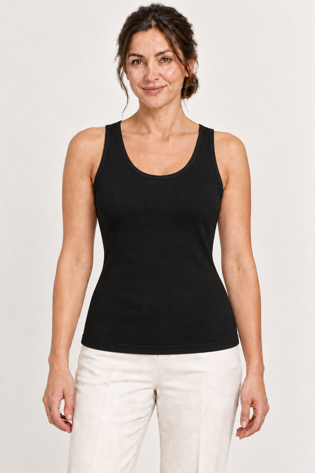 Black cotton-stretch scoop-neck tank, model front.
