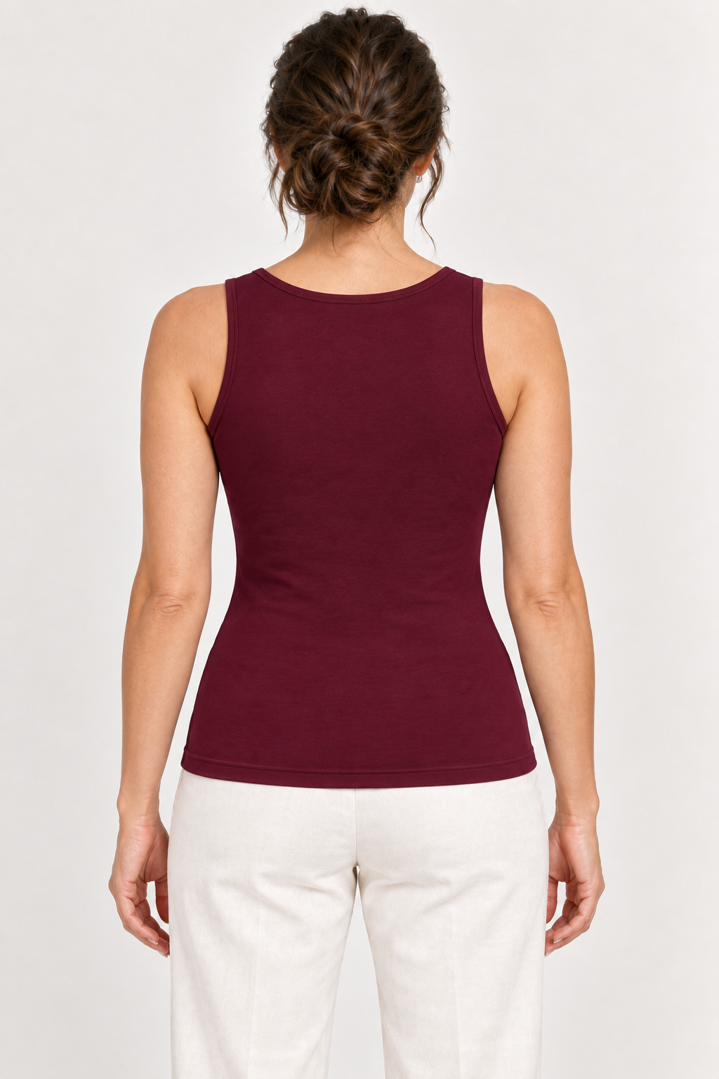 Burgundy cotton-stretch scoop-neck tank top, model back