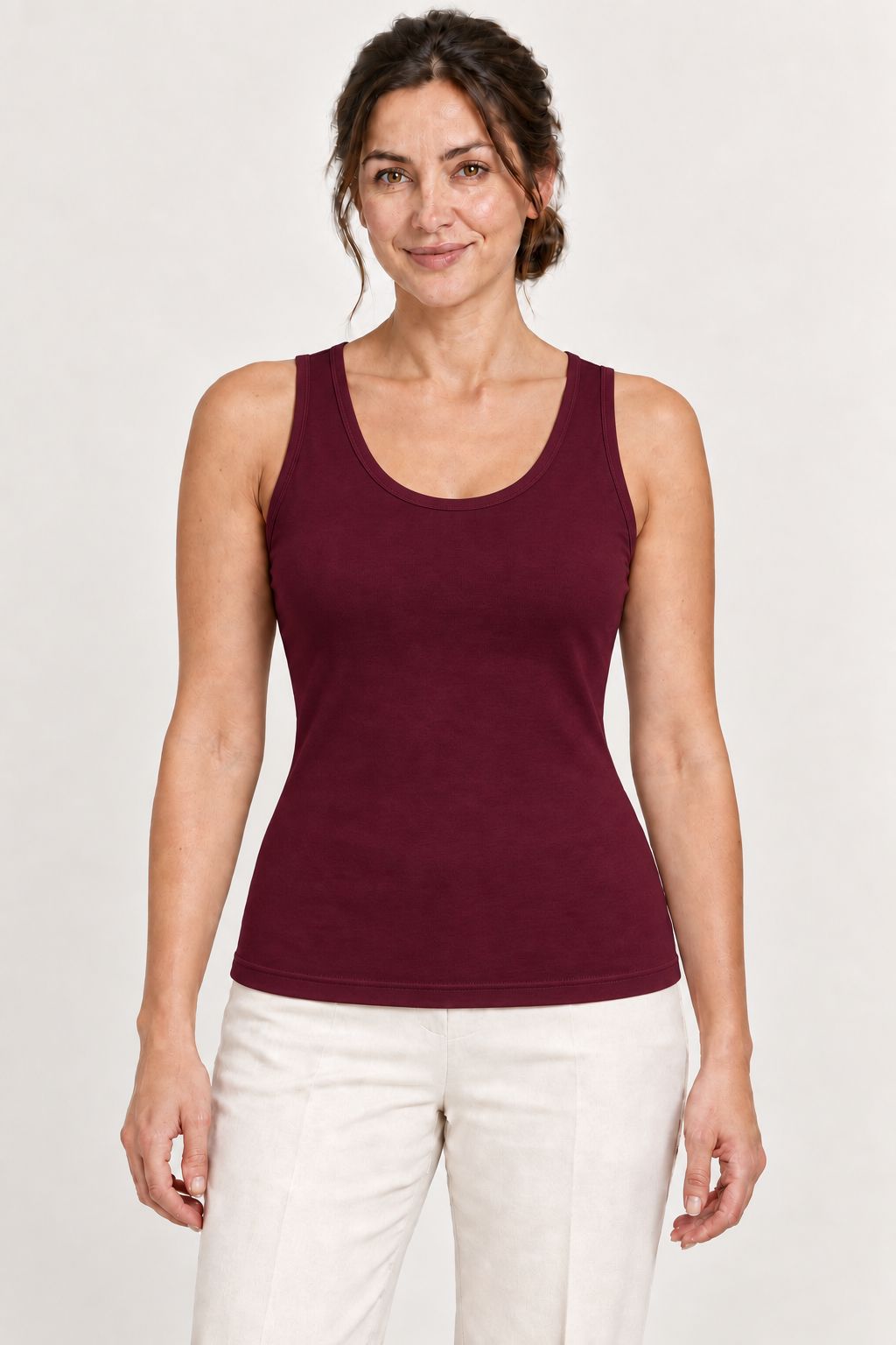 Burgundy cotton-stretch scoop-neck tank top, model front