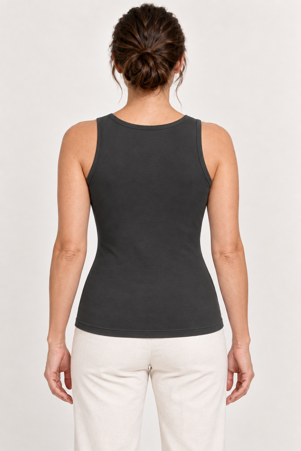 Charcoal cotton-stretch tank, model back.