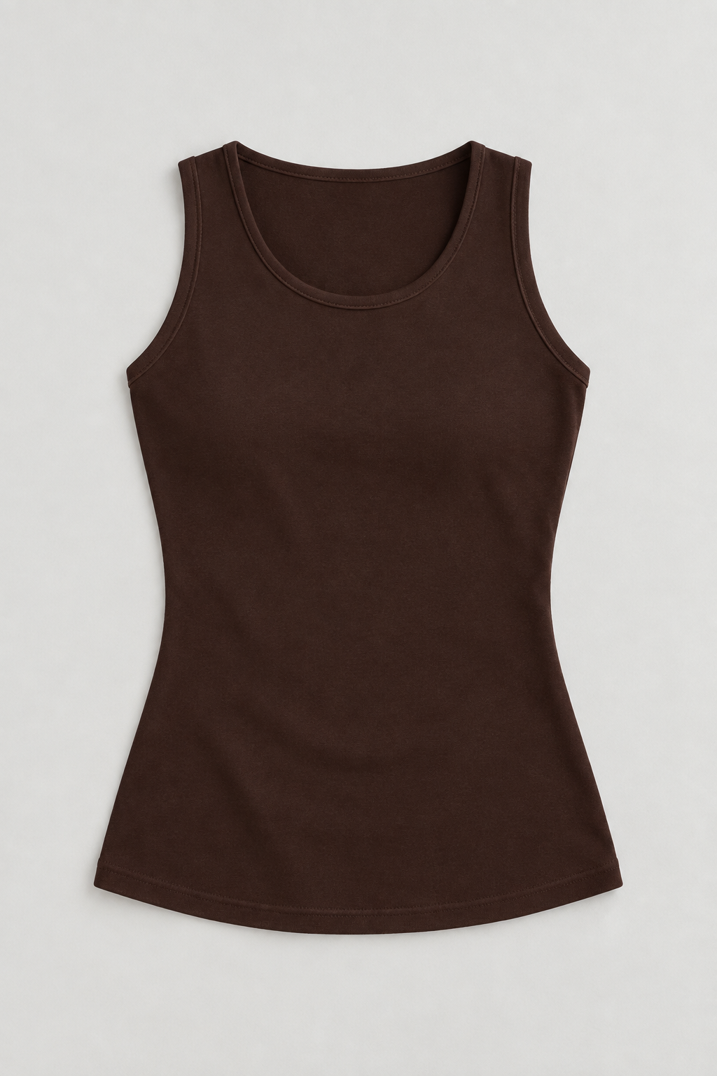 Dark Brown cotton-stretch tank, flat lay front.