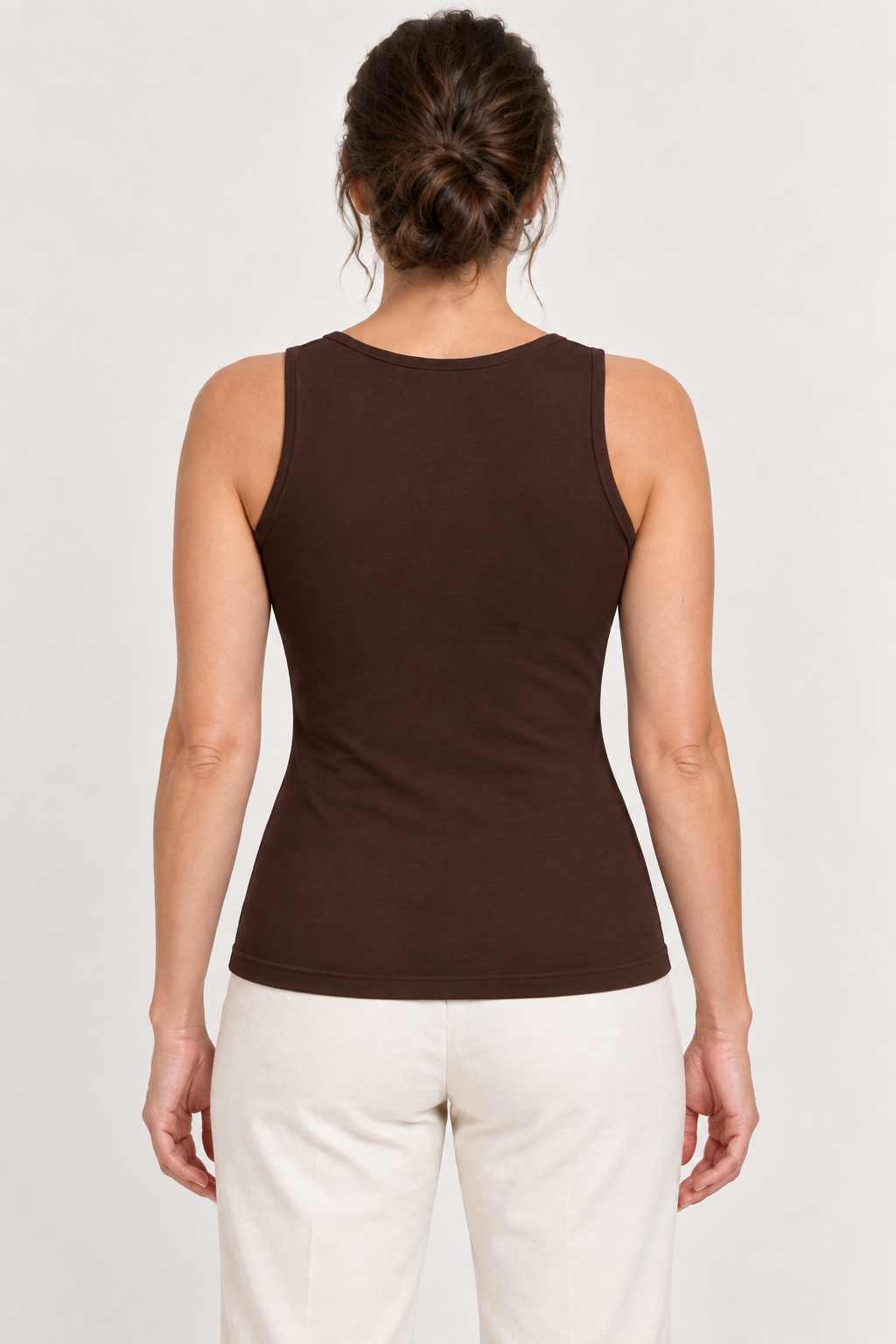 Dark Brown cotton-stretch tank, model back.