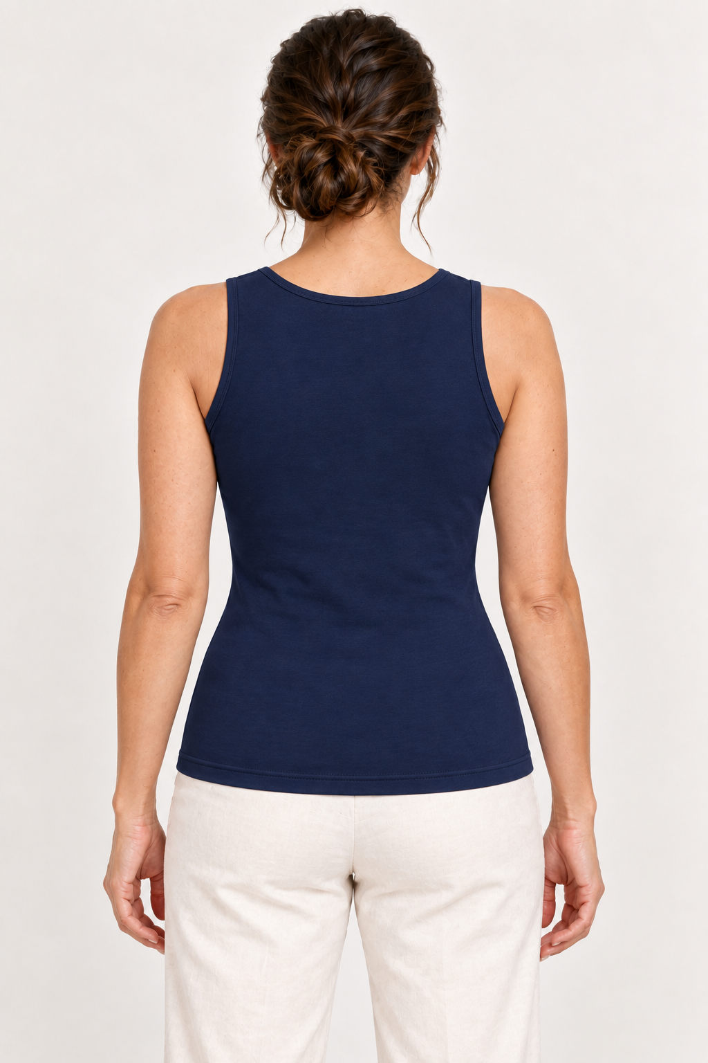 Navy cotton-stretch scoop-neck tank top, model back