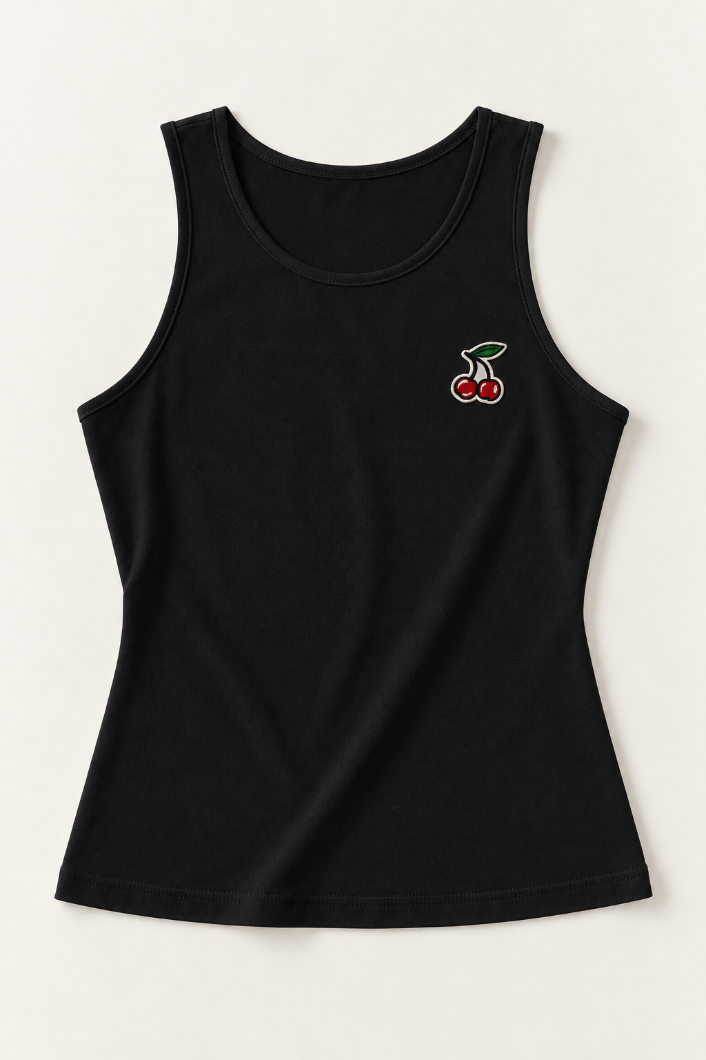 Black cotton-stretch tank top with cherry embroidery, flat lay front