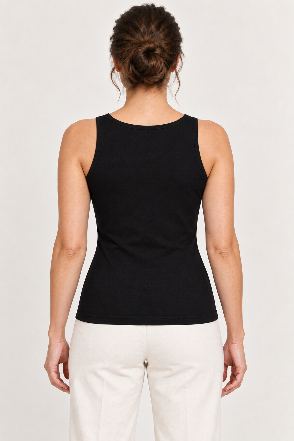 Black cotton-stretch tank top, plain back, model back