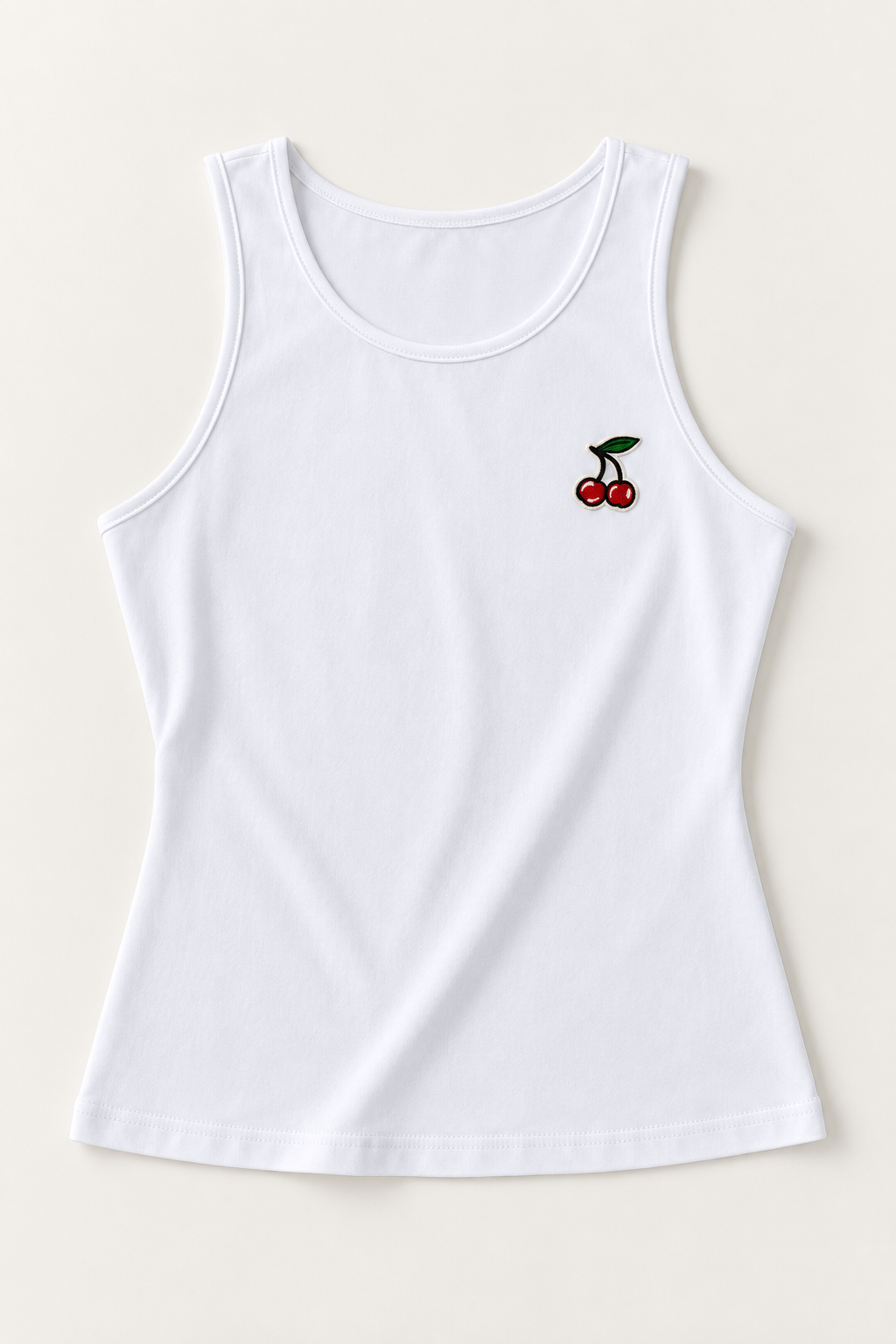 White cotton-stretch tank top with cherry embroidery, front flat lay