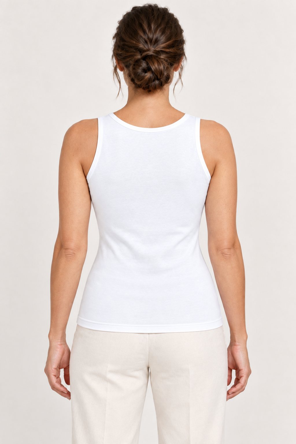 White cotton-stretch tank top, plain back, model back