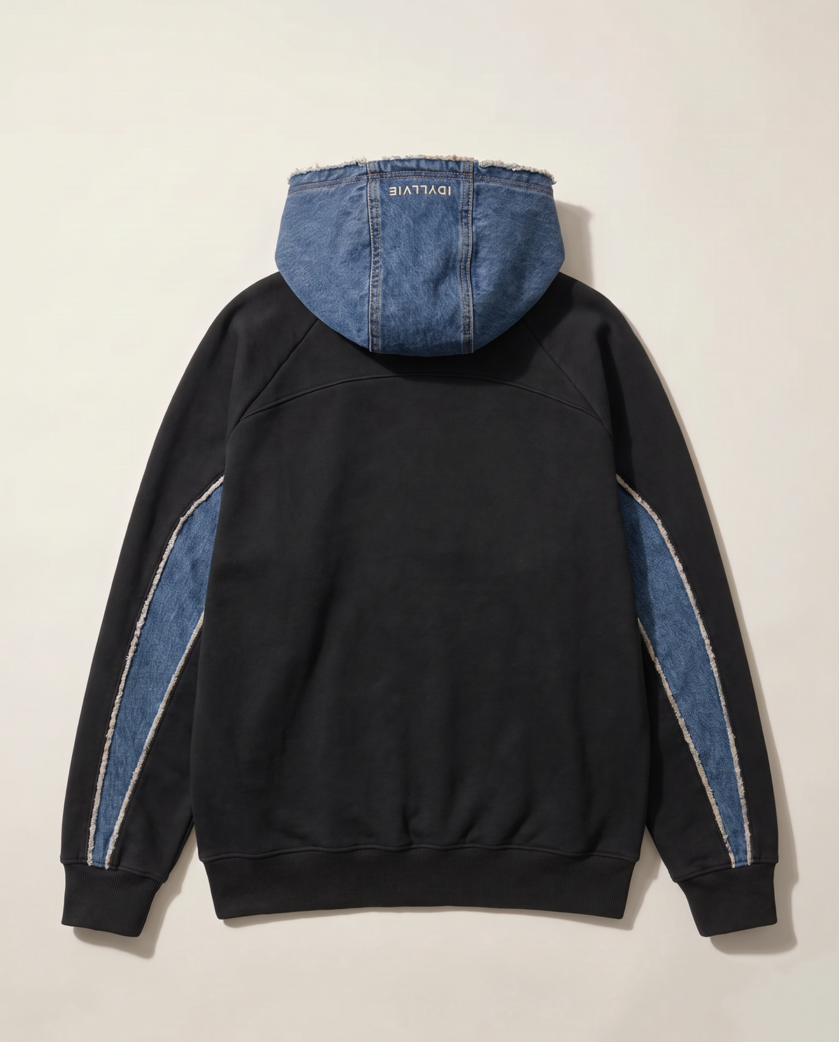 Hutton Denim Panelled Hoodie — flat lay back