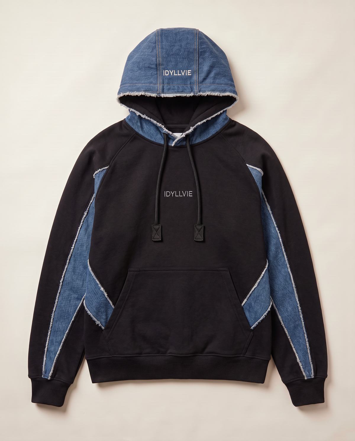 Hutton Denim Panelled Hoodie — flat lay front