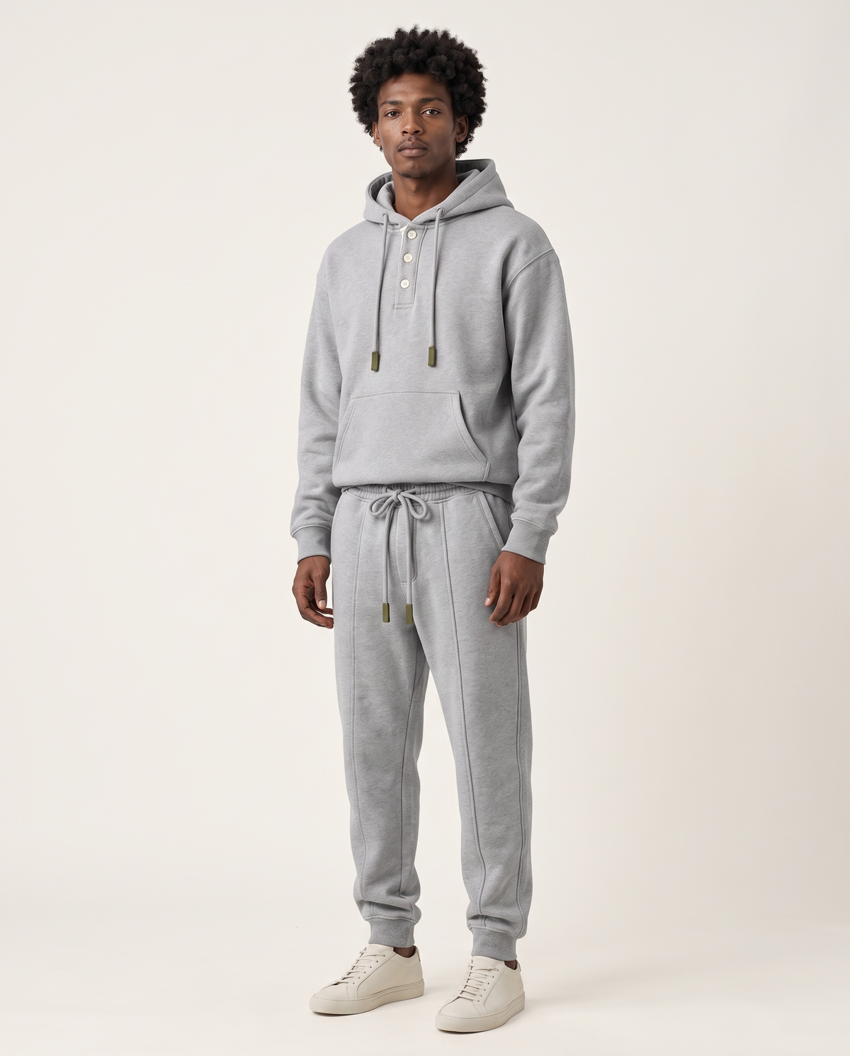 Mercer Henley Hoodie — on-model front with Heather Grey Mercer sweatpants