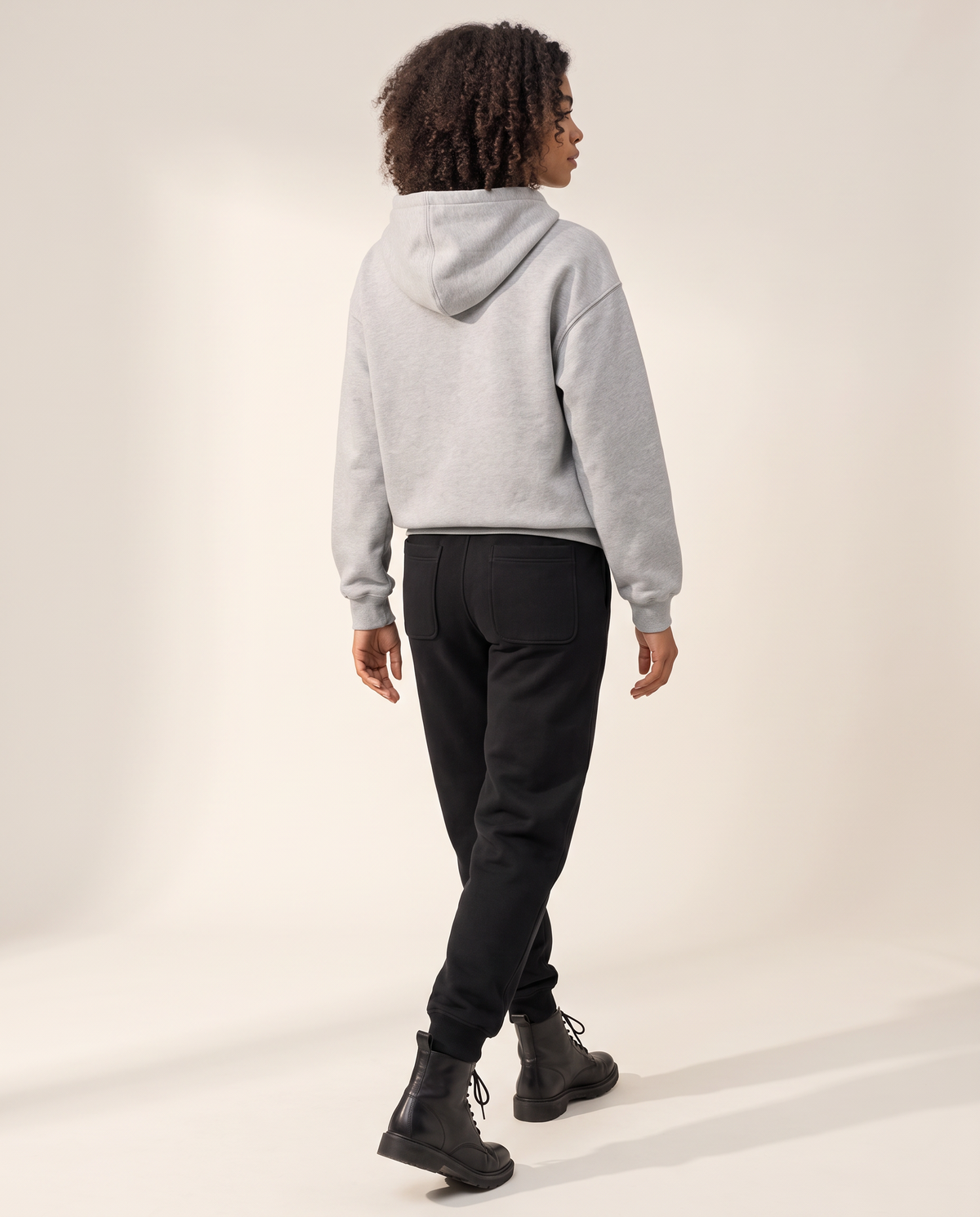 Mercer Henley Hoodie — on-model back with Black Mercer sweatpants