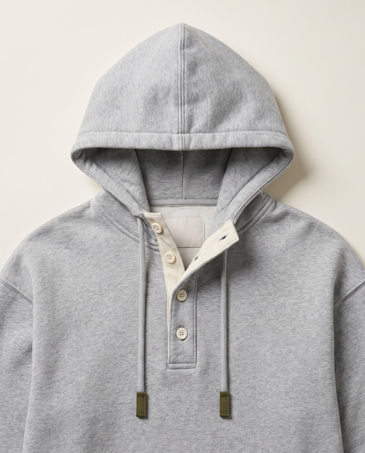 Mercer Henley Hoodie — hood and Henley placket close-up