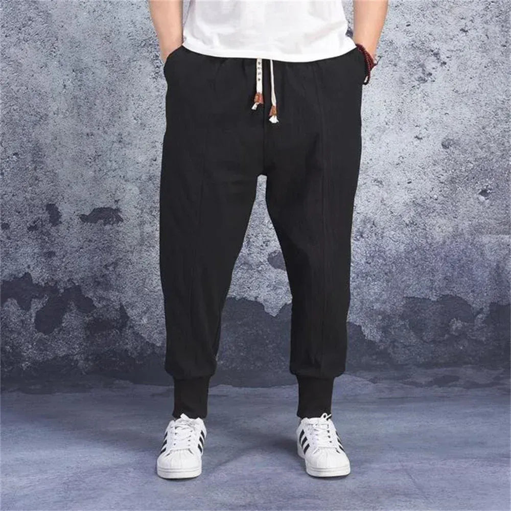 Men Harem Pants Cotton Linen - Casual Elastic Waist Joggers