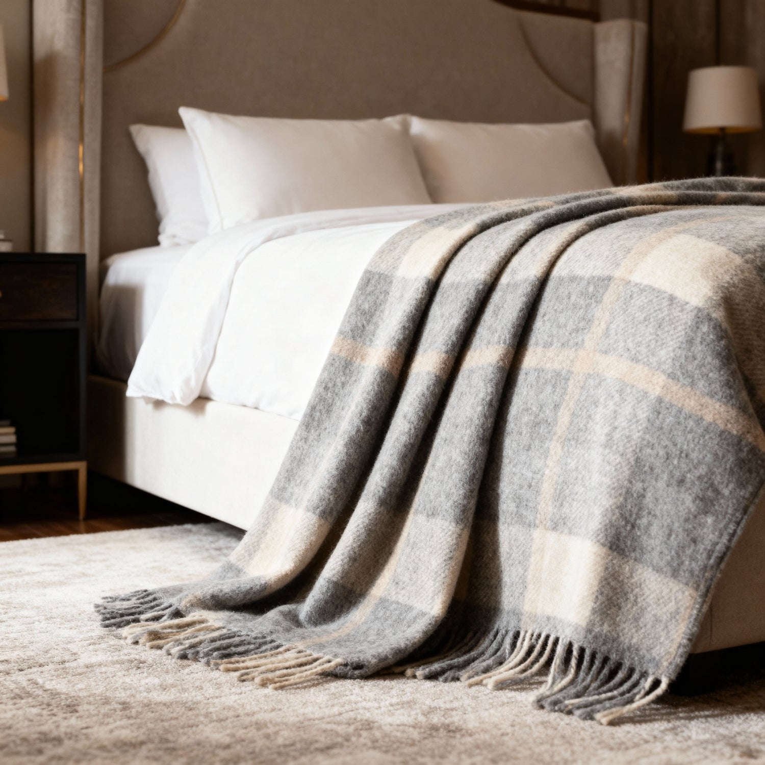 Kawartha Alpaca Blanket on a bed in a luxury bedroom, highlighting its soft texture, warmth, and eco-conscious design for home comfort.