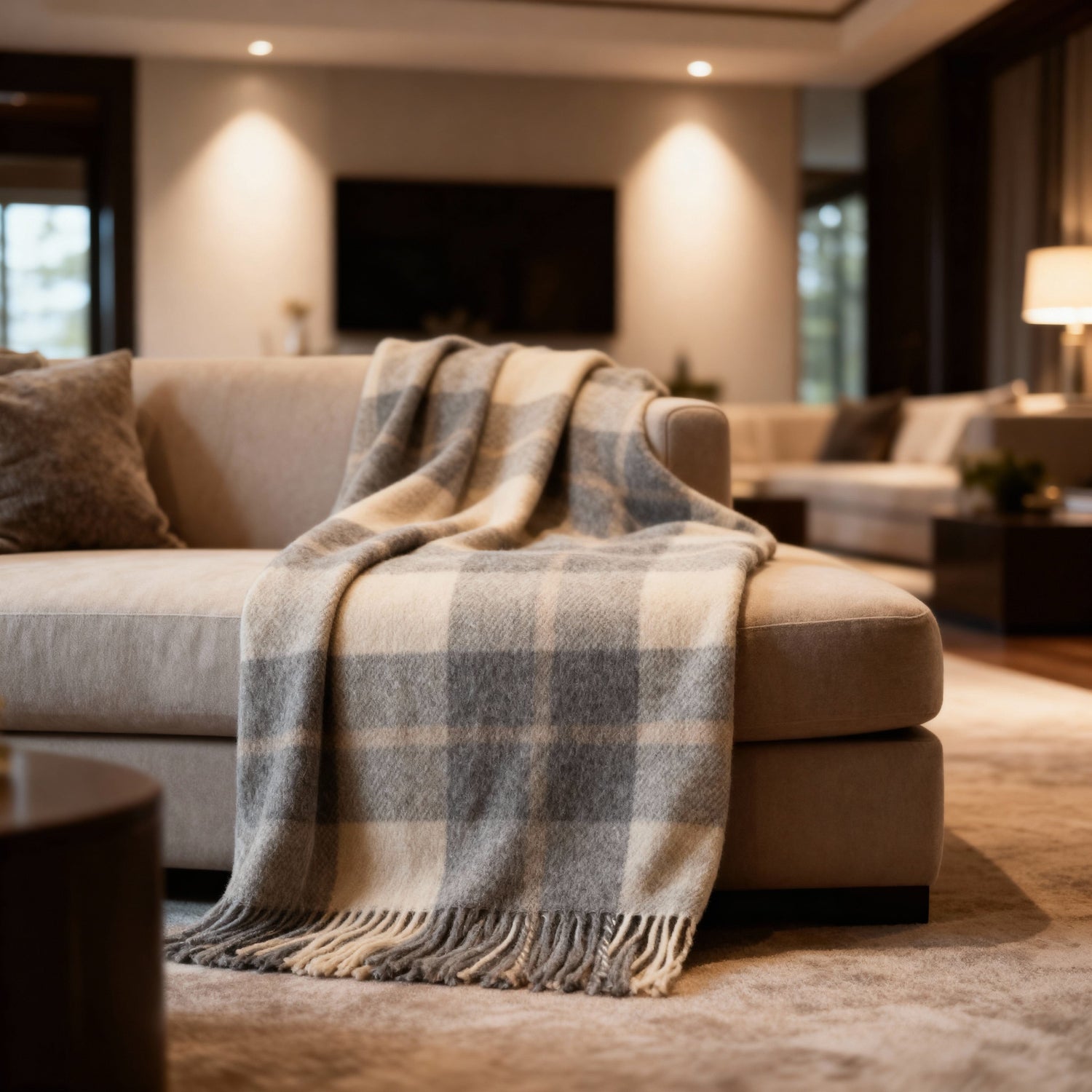 Kawartha Alpaca Blanket draped over a beige sectional sofa, adding warmth and timeless plaid style to a sophisticated living room.