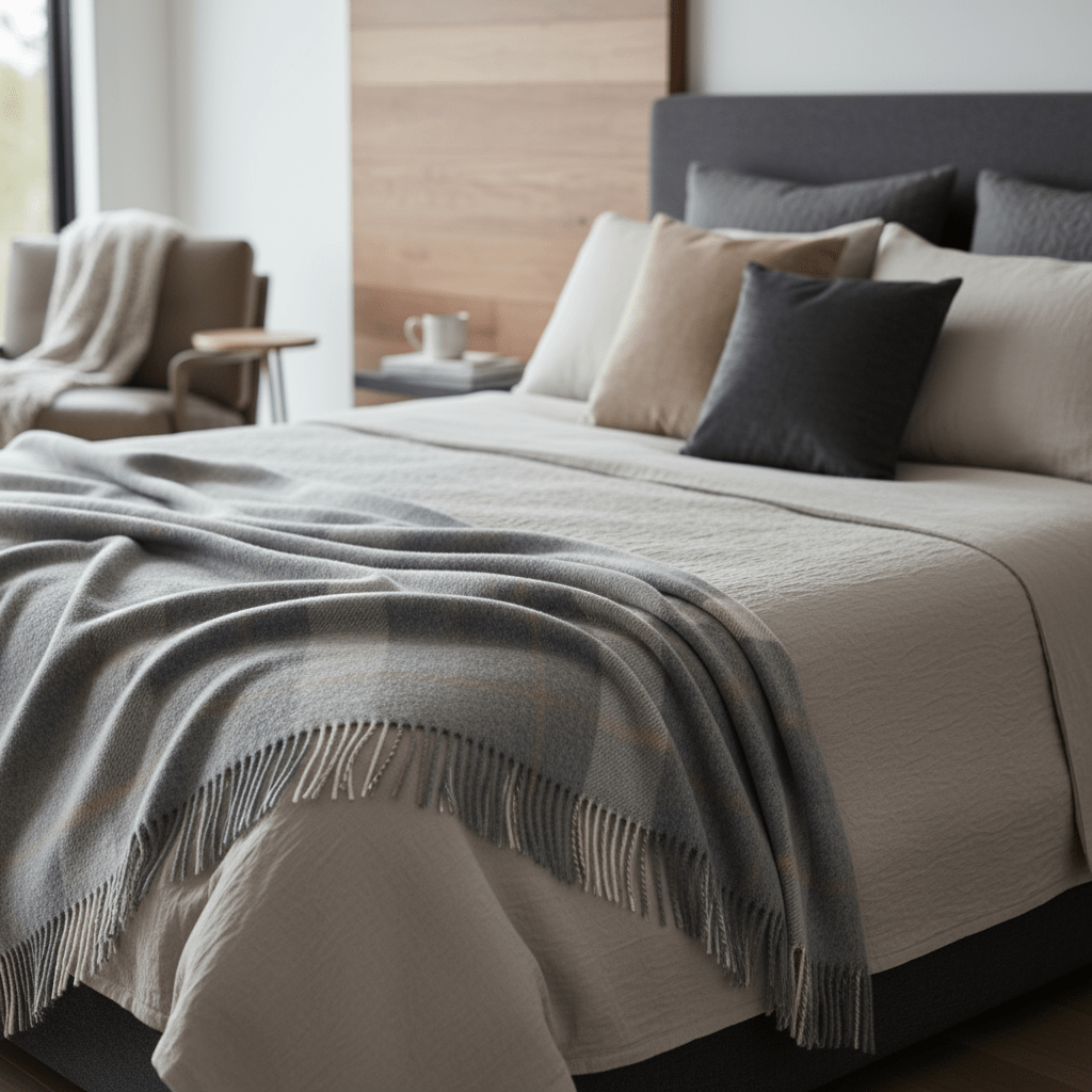 Kawartha Alpaca Blanket spread across a bed, showcasing its luxurious softness and eco-friendly appeal in a serene bedroom setting.