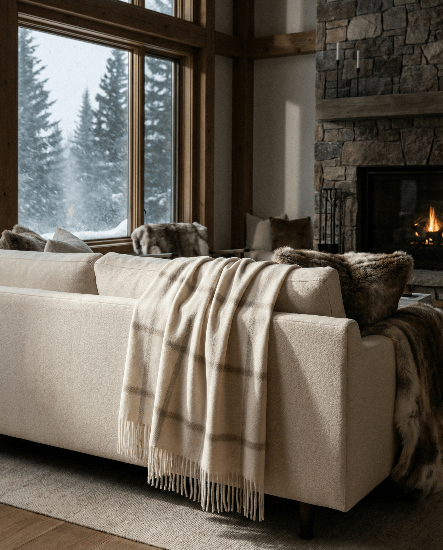 Picton Alpaca Throw Blanket in Off White and Grey Checks