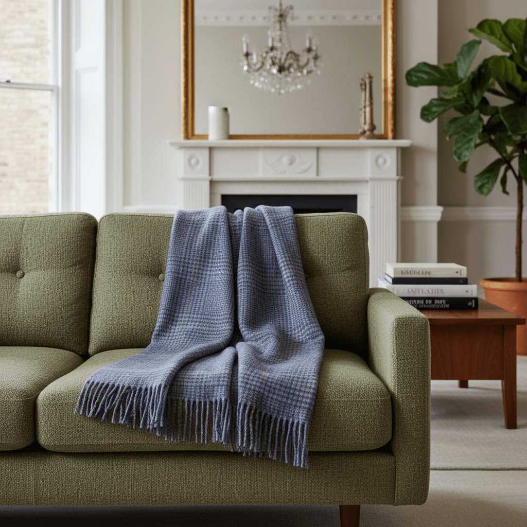 Tartan Alpaca Wool Throw Blanket draped over green sofa in elegant living room, offering lightweight warmth and classic style.