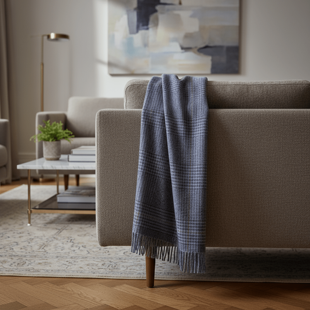 Blue plaid Alpaca Wool Throw Blanket on beige couch in modern living space, ideal for cozy, stylish home decor.