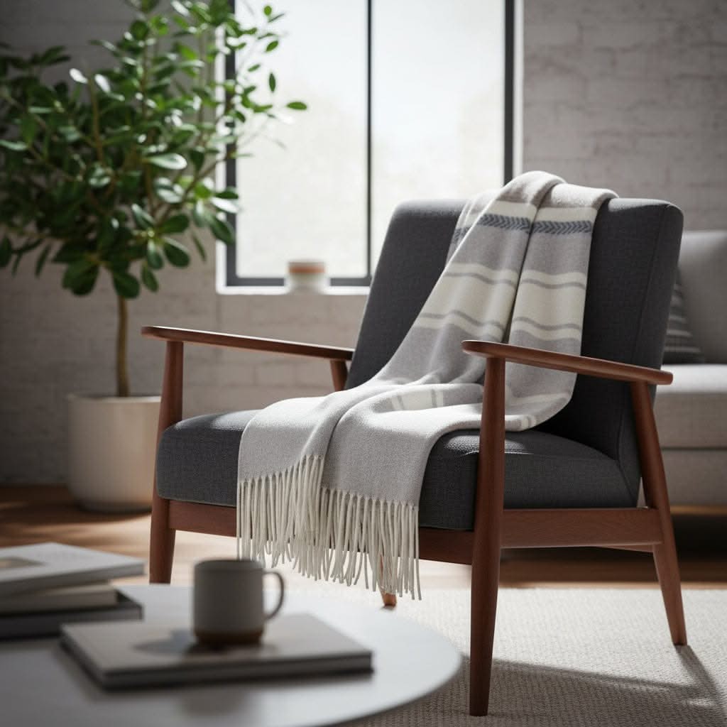 Merino wool and cashmere Muskoka Throw Blanket draped over a mid-century chair, blending comfort and elegance in modern home interiors.