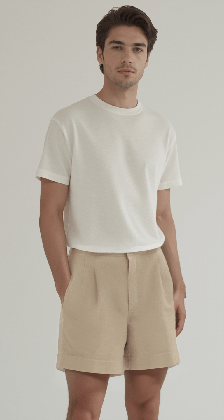 Model wearing men's beige linen shorts styled with a white t-shirt, showcasing a refined and breathable look for casual elegance.