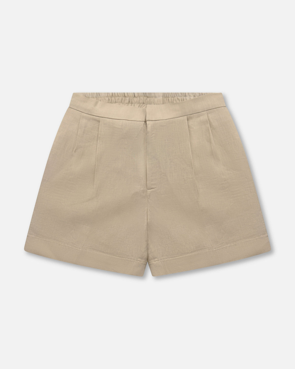 Men's beige linen shorts with double pleats and elastic waistband, offering a tailored yet relaxed fit for elegant summer comfort.