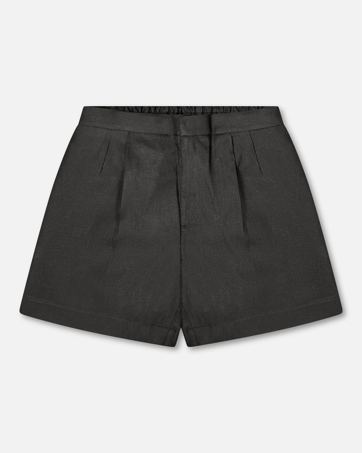 Mens black linen shorts with pleated front and tailored fit, ideal for breathable summer wear in the apparel and accessories category.