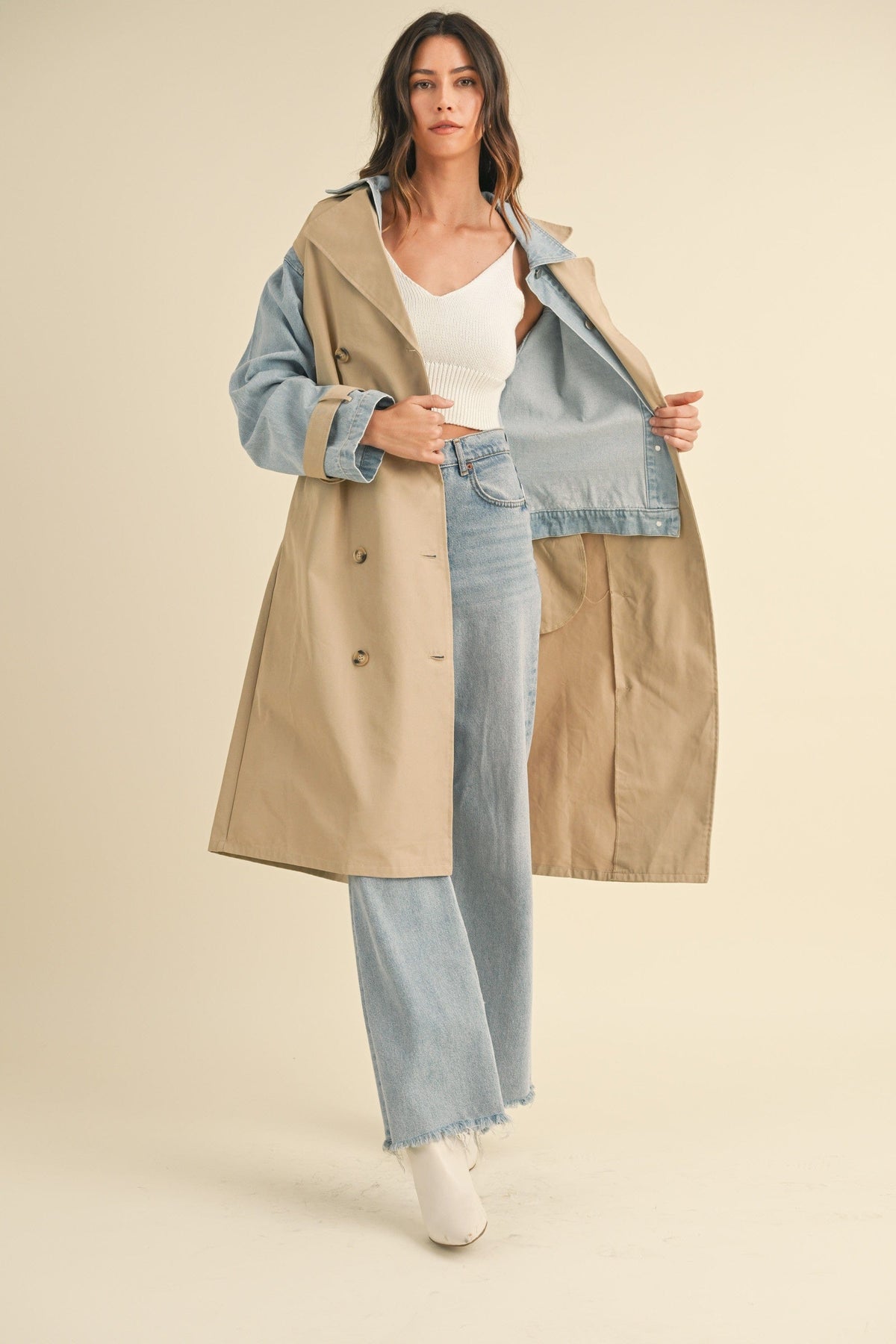 IdyllVie Layered Look Trench Coat with Denim Jacket in denim, lifestyle view showing product details