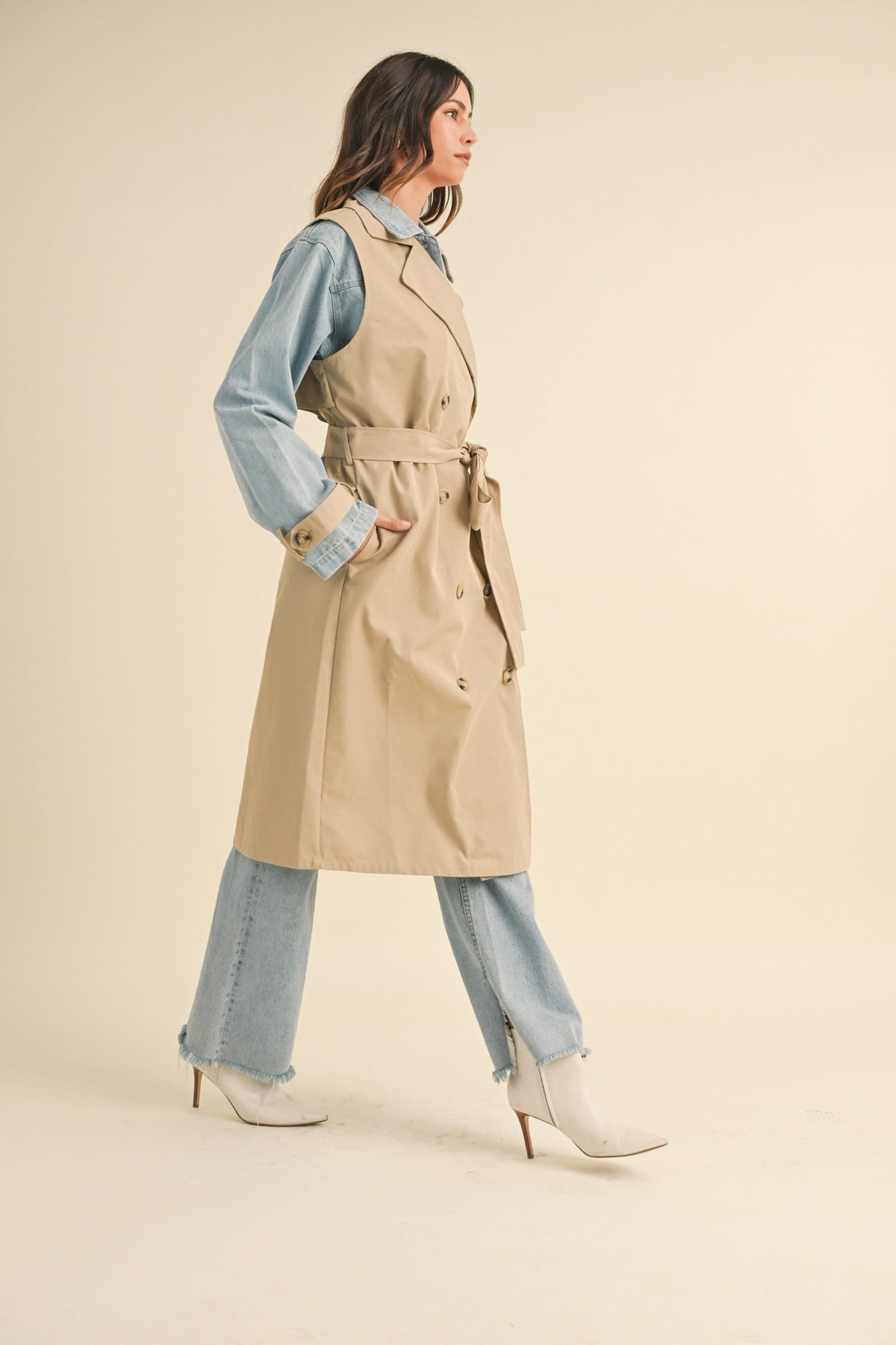 IdyllVie Layered Look Trench Coat with Denim Jacket in denim, lifestyle view showing product details