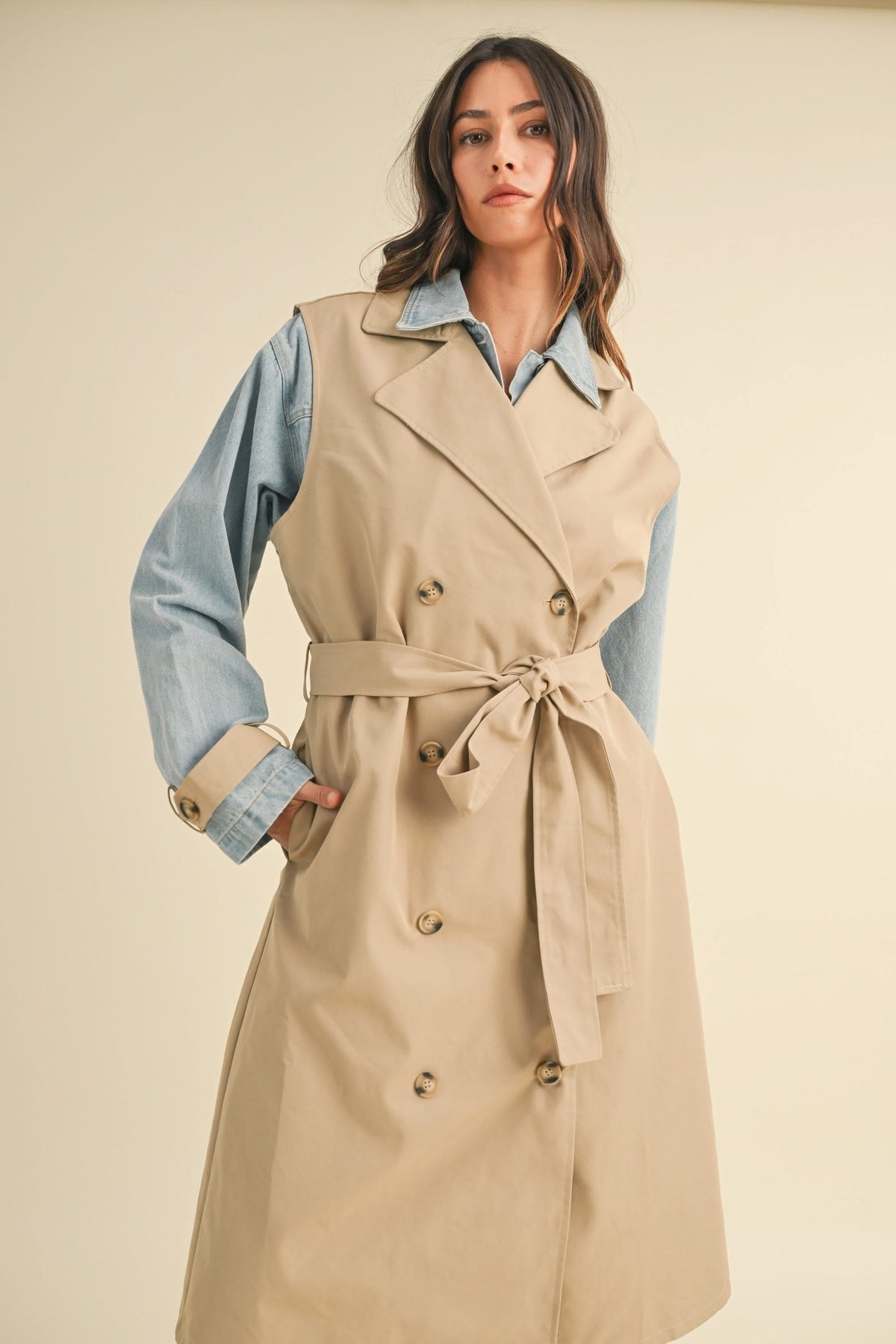 IdyllVie Layered Look Trench Coat with Denim Jacket in denim, lifestyle view showing product details
