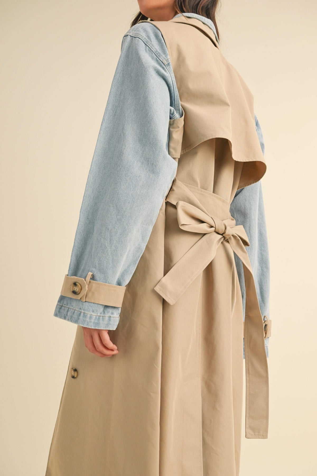 IdyllVie Layered Look Trench Coat with Denim Jacket in denim, lifestyle view showing product details