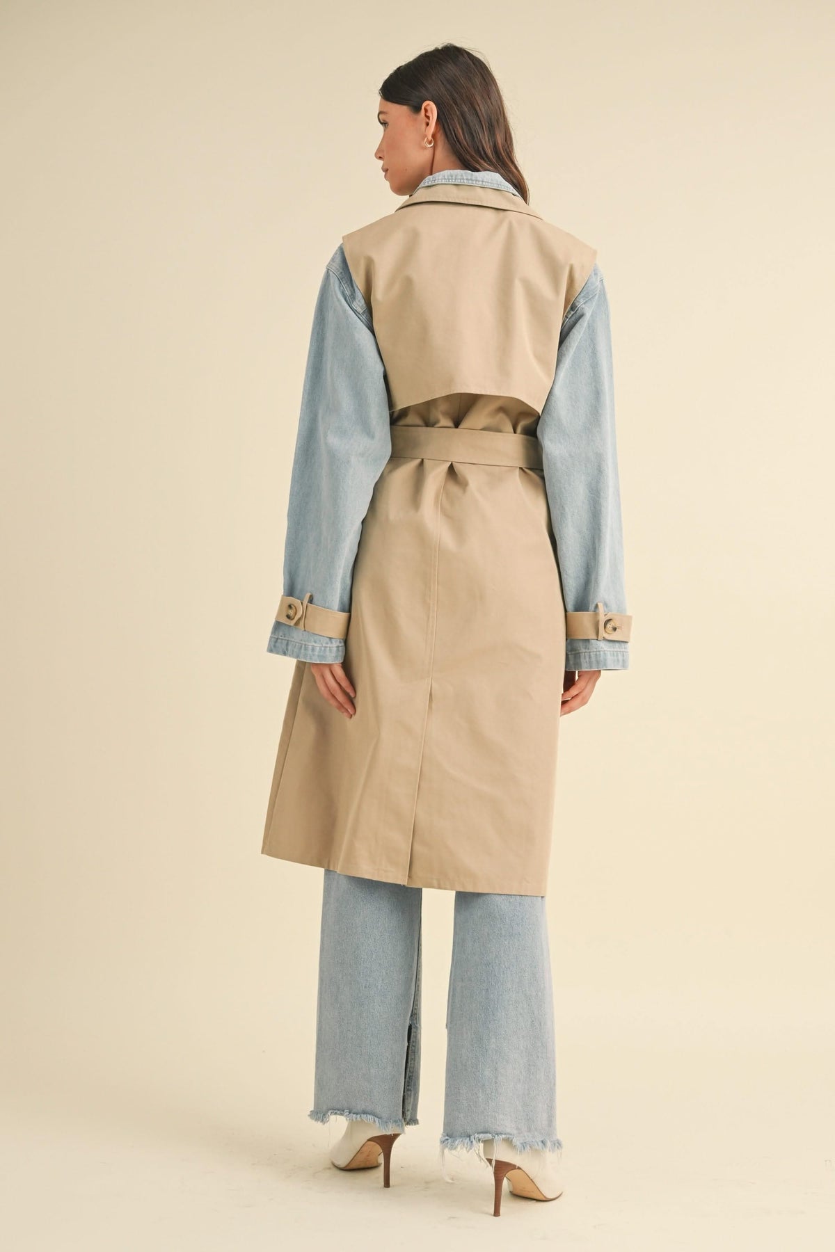 IdyllVie Layered Look Trench Coat with Denim Jacket in denim, lifestyle view showing product details