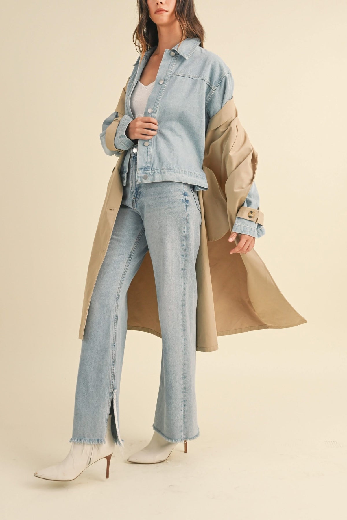 IdyllVie Layered Look Trench Coat with Denim Jacket in denim, lifestyle view showing product details