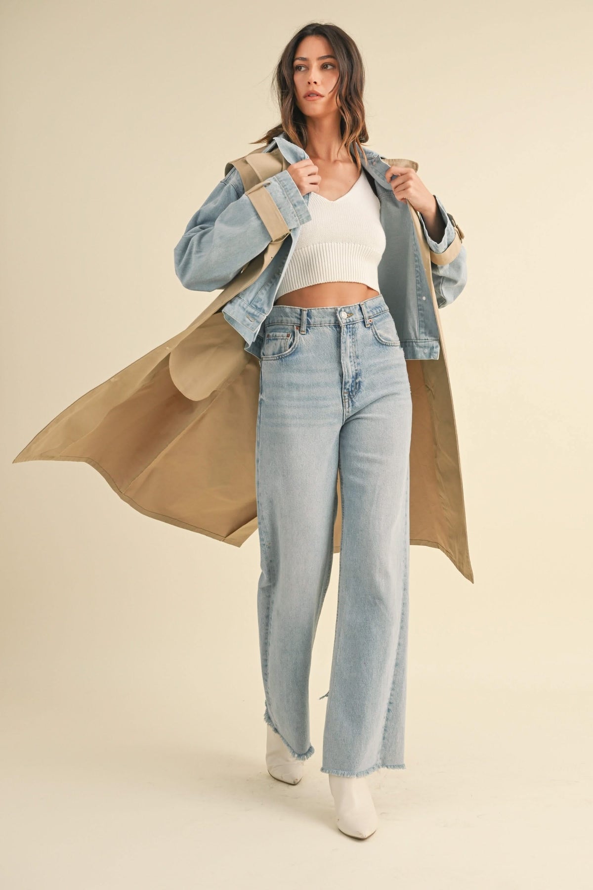 IdyllVie Layered Look Trench Coat with Denim Jacket in denim, lifestyle view showing product details