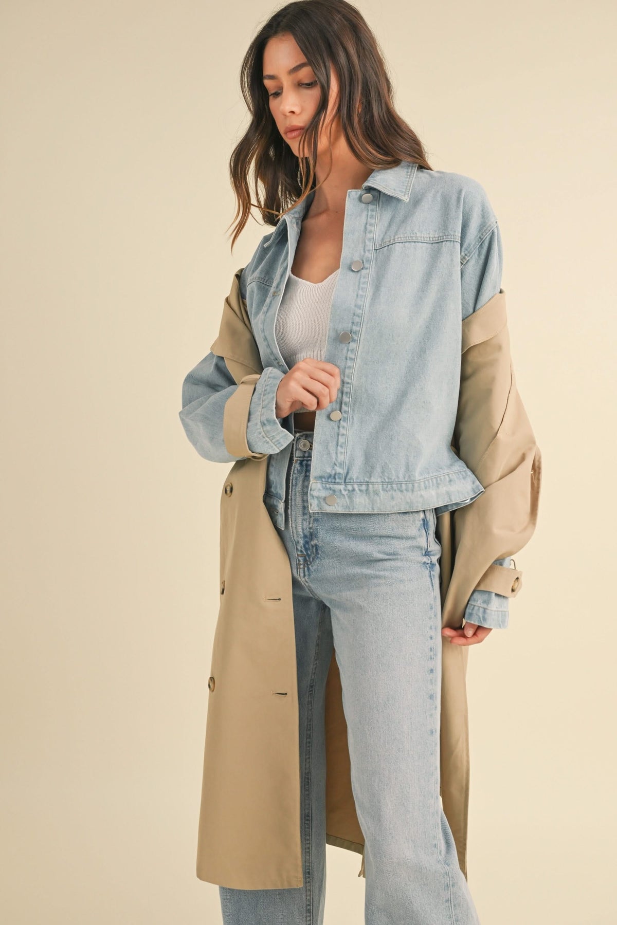 IdyllVie Layered Look Trench Coat with Denim Jacket in denim, lifestyle view showing product details