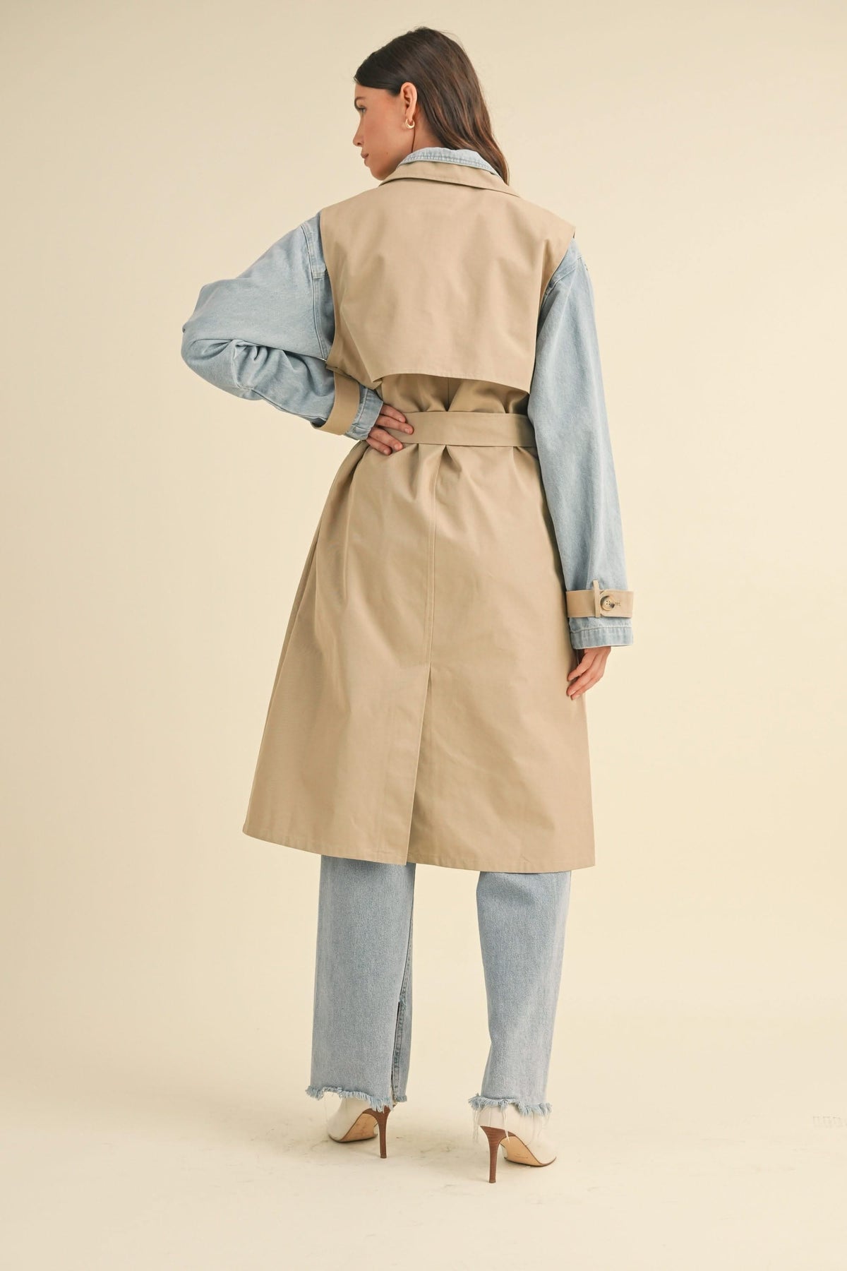 IdyllVie Layered Look Trench Coat with Denim Jacket in denim, lifestyle view showing product details