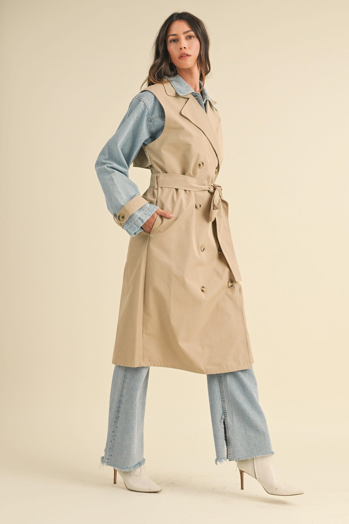 IdyllVie Layered Look Trench Coat with Denim Jacket in denim, lifestyle view showing product details