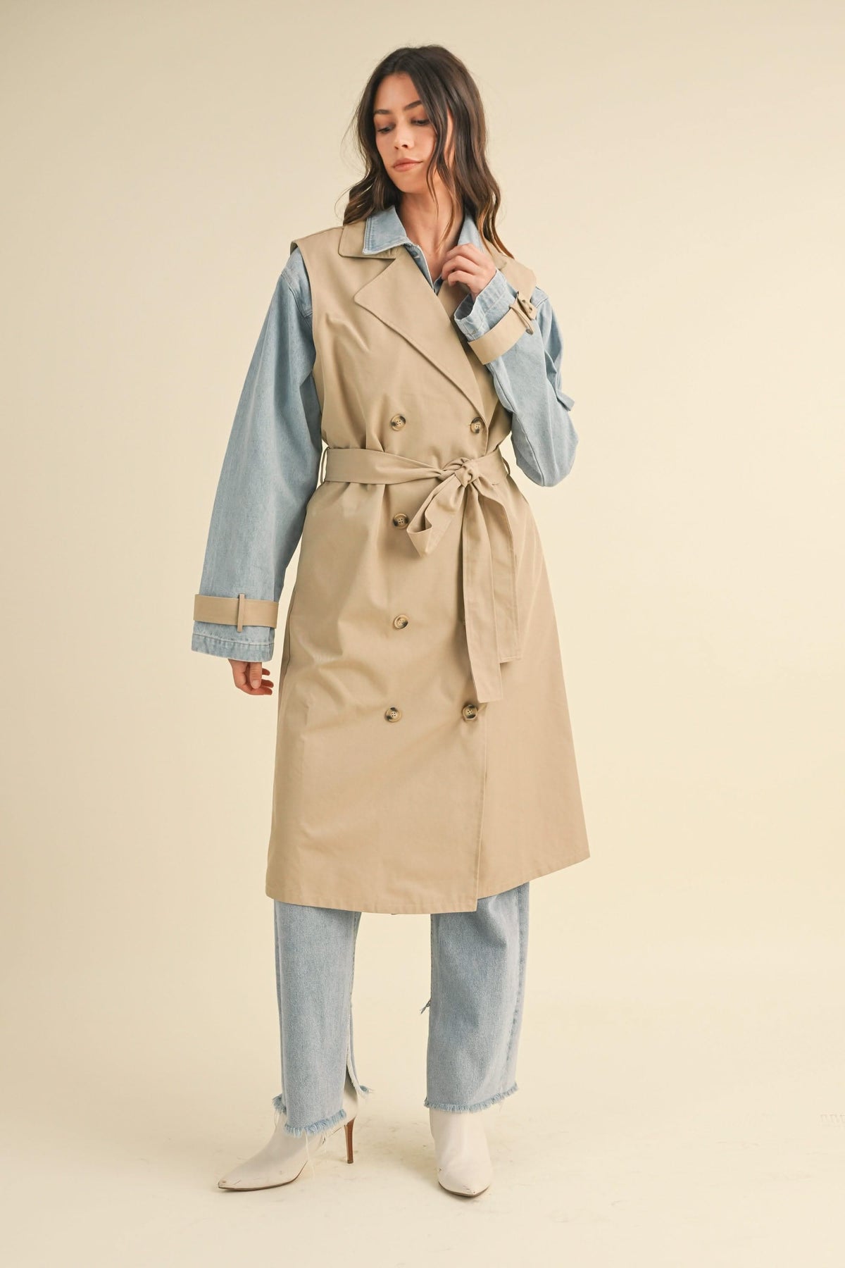 IdyllVie Layered Look Trench Coat with Denim Jacket in denim, lifestyle view showing product details