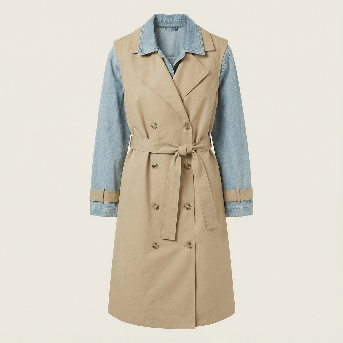 IdyllVie Layered Look Trench Coat with Denim Jacket in denim, angled product view showing product details