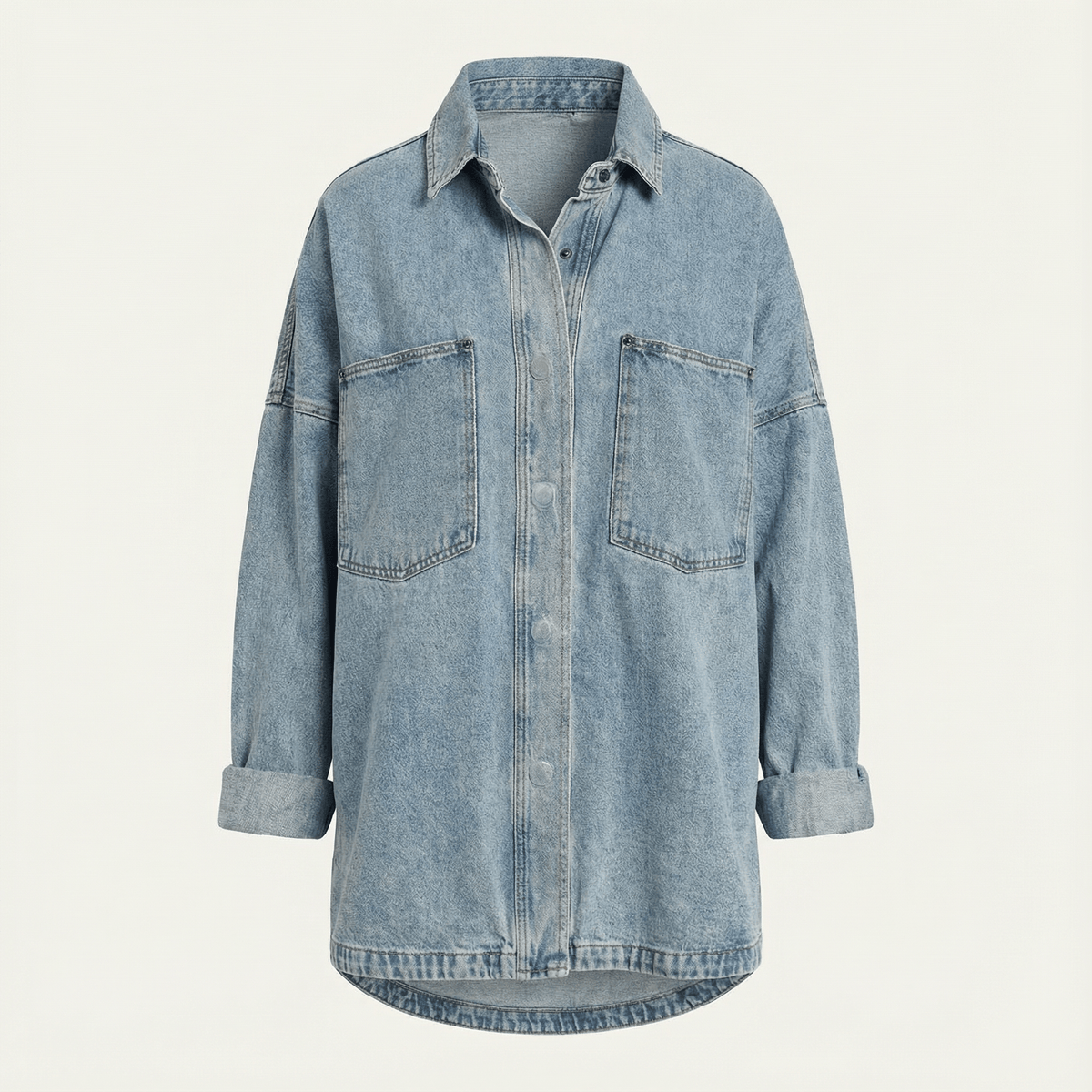 IdyllVie Washed Snap Button Denim Shacket in blue denim, front product view showing washed denim finish, snap buttons, relaxed fit