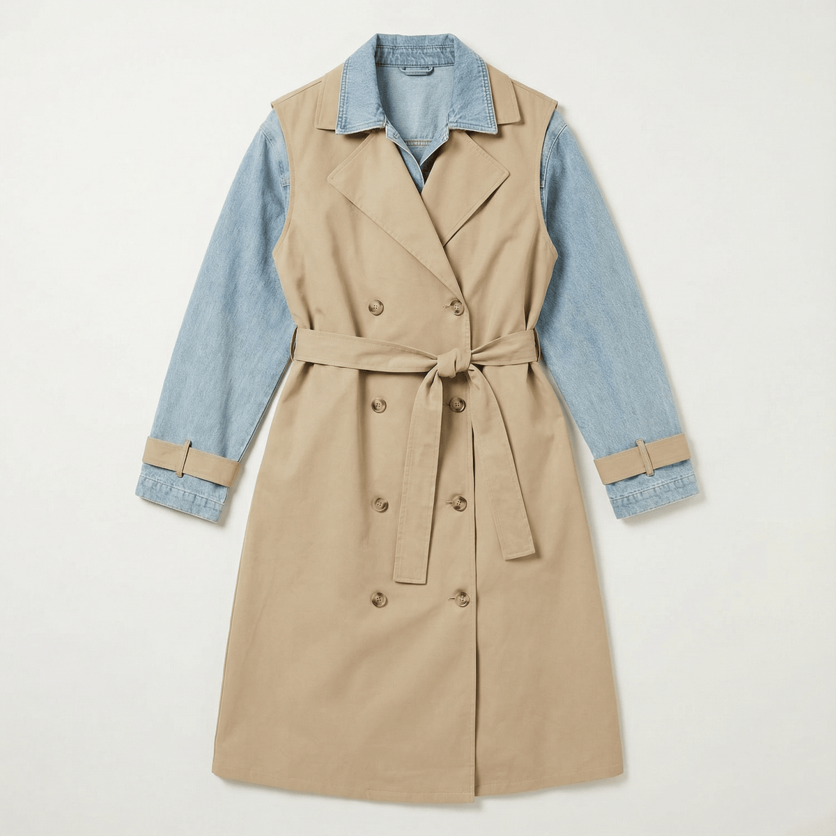 IdyllVie Layered Look Trench Coat with Denim Jacket in denim, front product view showing product details