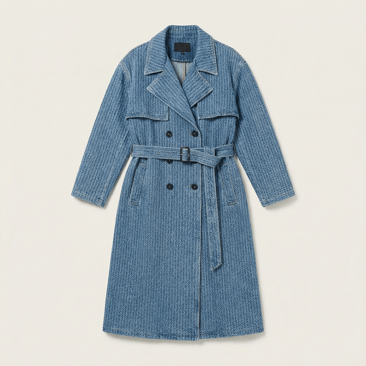 Textured Denim Waist Belted Trench Coat in cotton, front product view showing product details