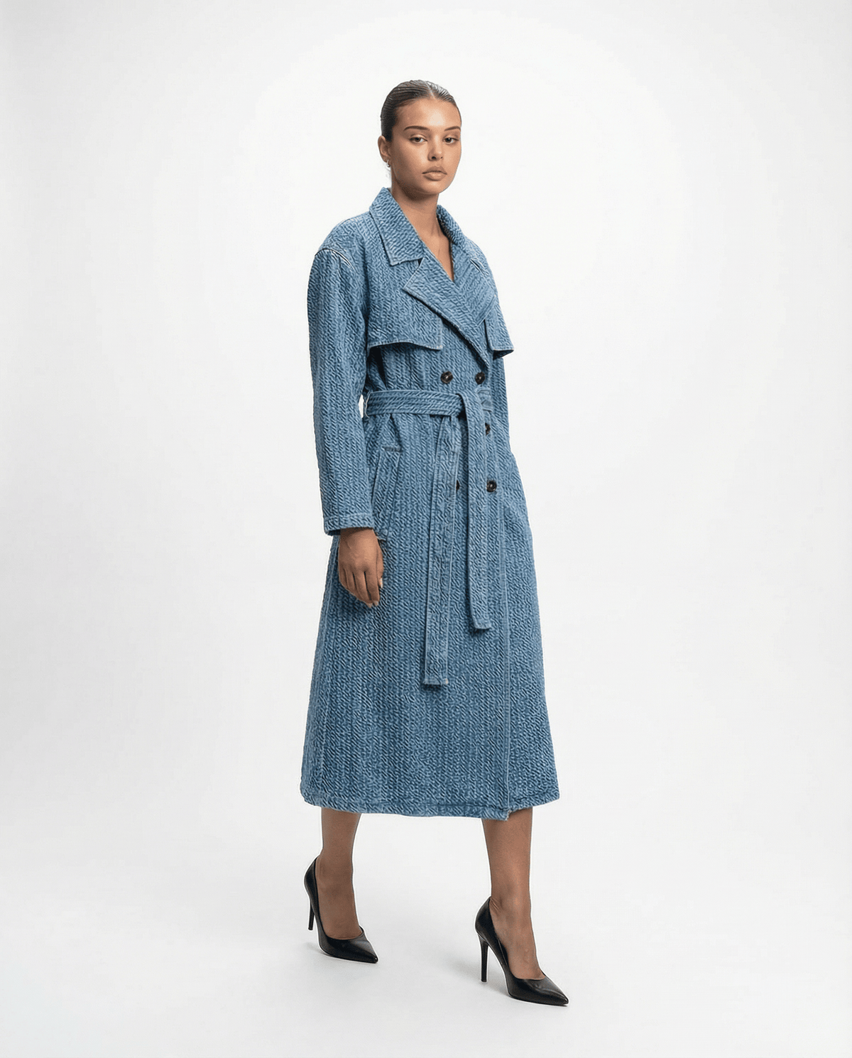 Textured Denim Waist Belted Trench Coat in cotton, angled product view showing product details