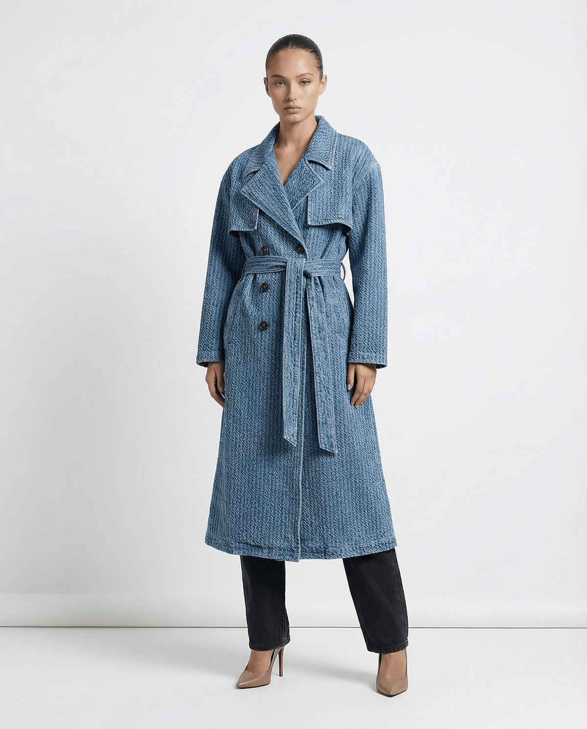 Textured Denim Waist Belted Trench Coat in cotton, detail product view showing product details