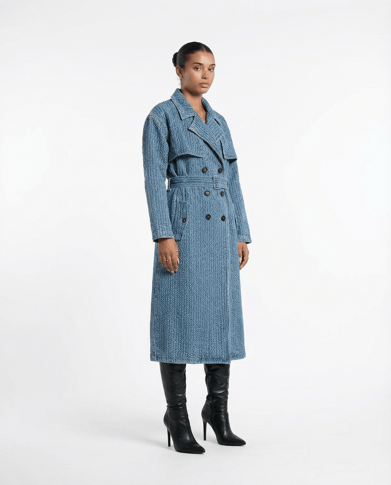 Textured Denim Waist Belted Trench Coat