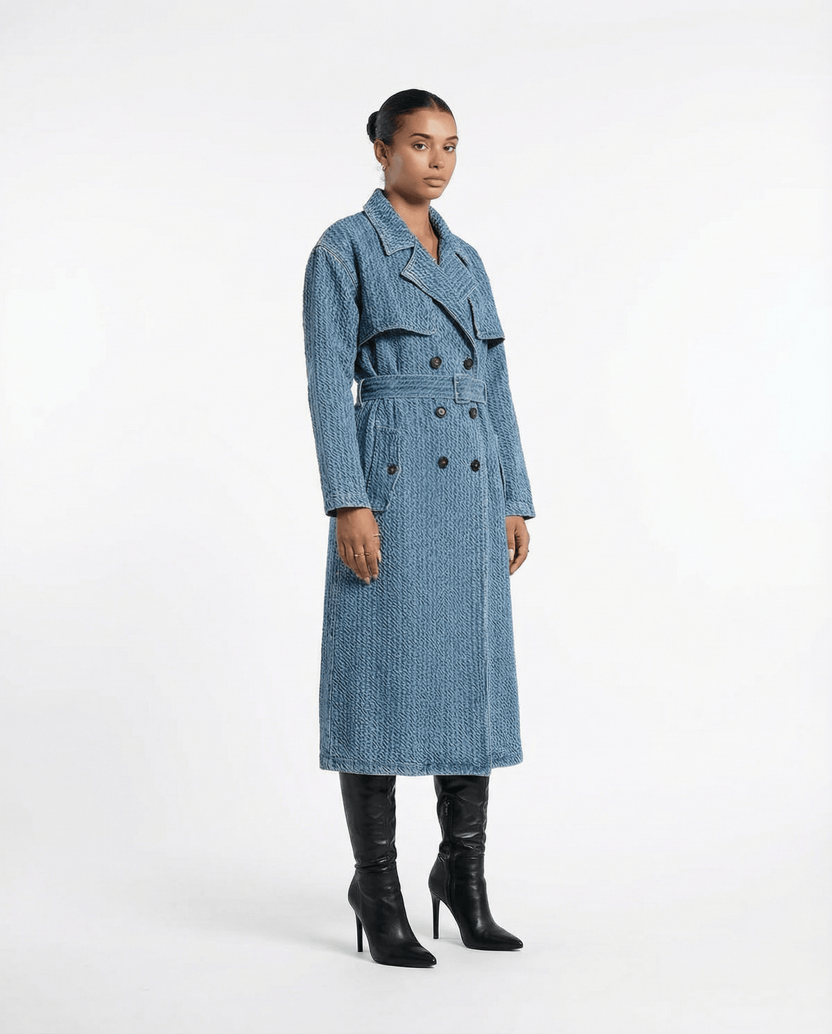 Textured Denim Waist Belted Trench Coat in cotton, front product view showing product details