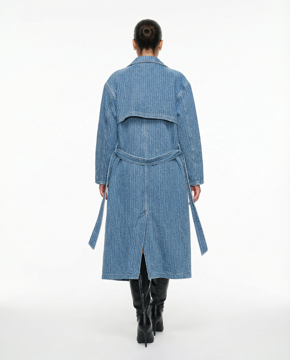 Textured Denim Waist Belted Trench Coat in cotton, alternate product view showing product details