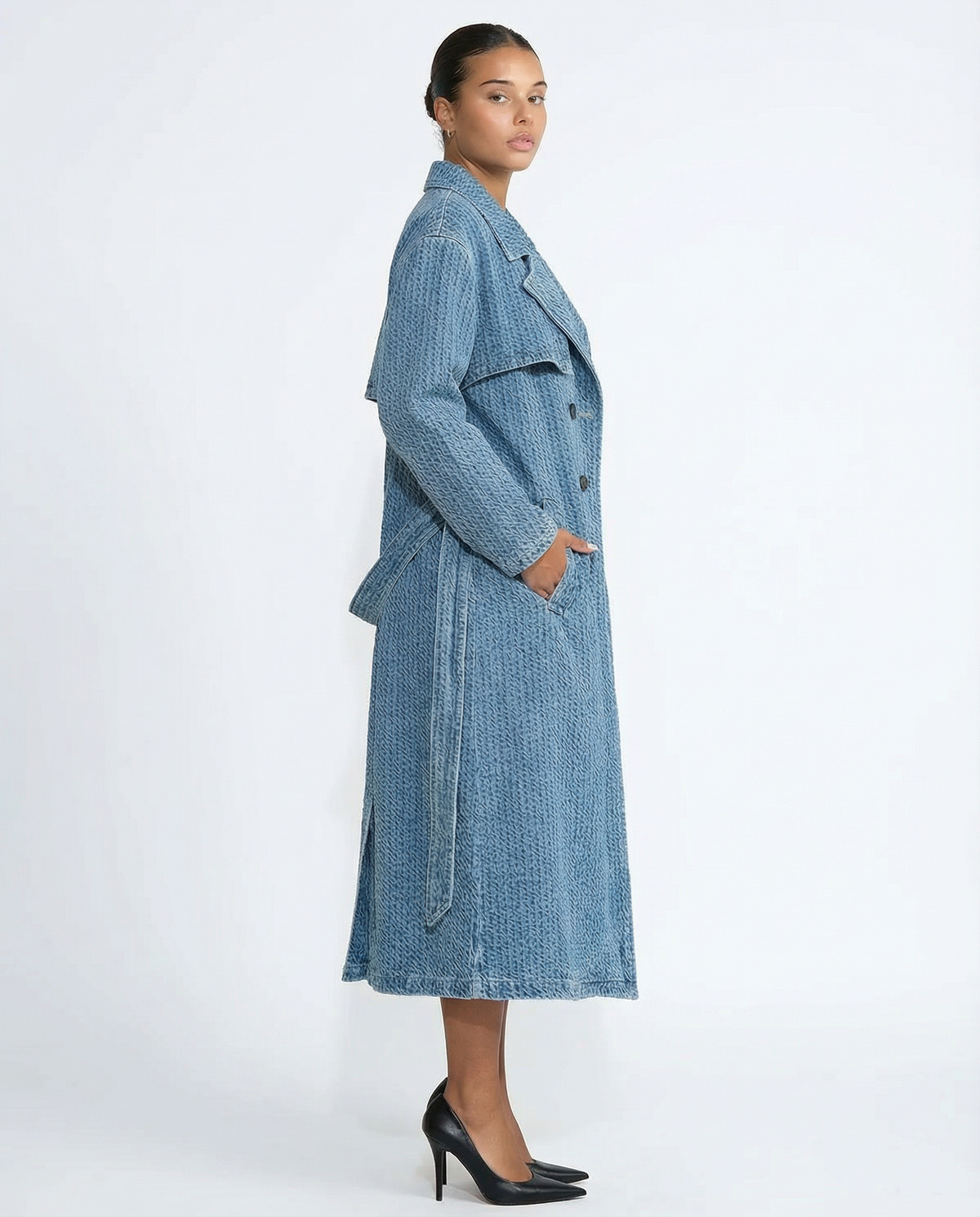 Textured Denim Waist Belted Trench Coat in cotton, fit and styling view showing product details